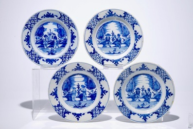 Een set van negen blauw-witte Delftse borden met een koppel in een landschap, 18e eeuw