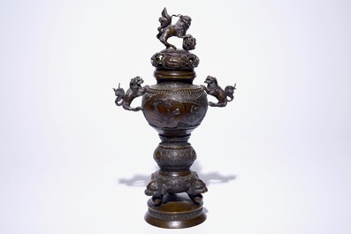 A Japanese bronze koro on foot and a figurative incense burner, Meiji/Taisho, 19/20th C.