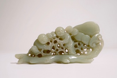 A Chinese pale celadon jade group of boys on a lingzhi, 19th C.