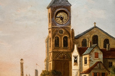 A musical picture clock with a harbour scene signed Bossuet, oil on canvas, the work inside by Bordier, Geneva, 19th C.