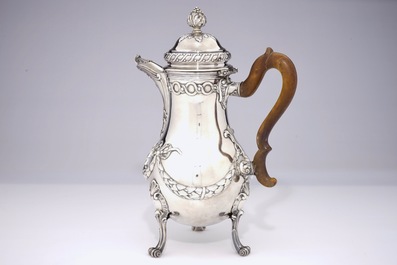 A fine silver coffee jug with wooden handle, Bruges, Pieter De Thieu, 1774