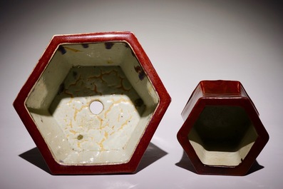A Chinese monochrome sang-de-boeuf-glazed hexagonal flowerpot and a brushpot, 19/20th C.