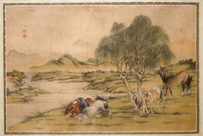 Une paire de peintures chinoises sur soie au sujet &quot;Les huit chevaux de Mu Wang&quot;, 19/20&egrave;me