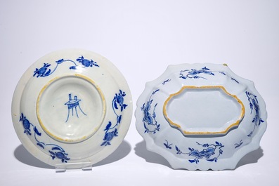 A varied lot of blue and white Dutch Delft and French Rouen pottery, 18th C.