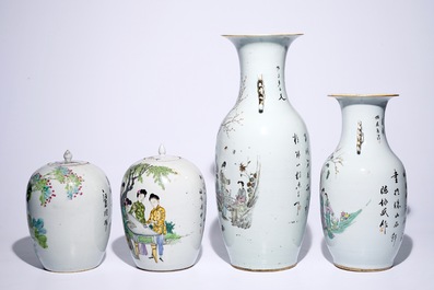 Two Chinese famille rose vases and two ginger jars, 19/20th C.