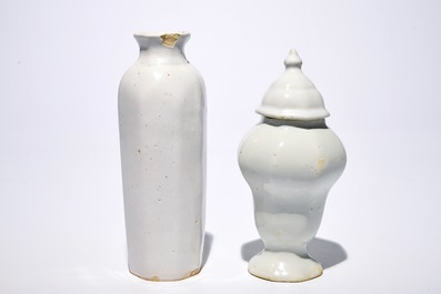 A white Dutch Delft rouleau vase and a vase with cover, 17/18th C.