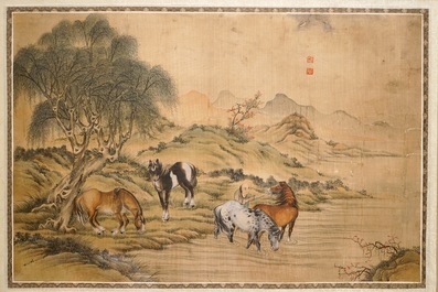 A pair of Chinese paintings on silk depicting &quot;The eight horses of Mu Wang&quot;, 19/20th C.