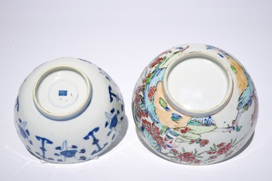 A Chinese famille rose landscape bowl, Yongzheng, and a blue and white bowl, Kangxi