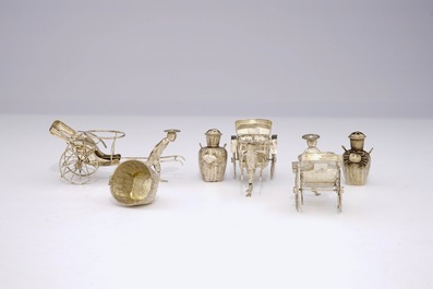 A Chinese silver rickshaw-shaped pepper and salt shaker and a mustard container, 19th C.