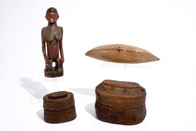 Five baskets, a polychrome wood figure, a pipe and a crucifix necklace, D.R. Congo, 1st half 20th C.