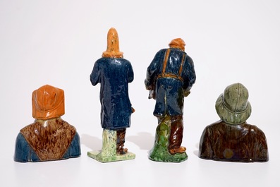 Quatre figures en poterie flamande d'une paire de p&ecirc;cheurs et deux musiciens, prob. ateliers de Laignel, 19/20&egrave;me