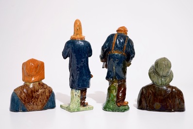 Four Flemish pottery figures, incl. a fisherman and wife and two musicians, prob. Laigneil workshop, 19/20th C.