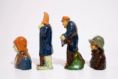 Four Flemish pottery figures, incl. a fisherman and wife and two musicians, prob. Laigneil workshop, 19/20th C.