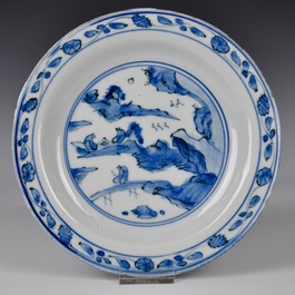 A pair of Chinese blue and white landscape plates, Ming, Jiajing/Wanli