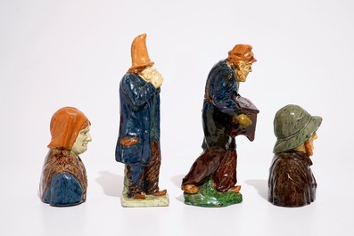 Vier figuren in Vlaams aardewerk van een visserskoppel en twee muzikanten, wellicht Laignel, 19/20e eeuw