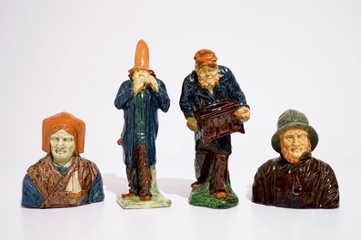 Four Flemish pottery figures, incl. a fisherman and wife and two musicians, prob. Laigneil workshop, 19/20th C.