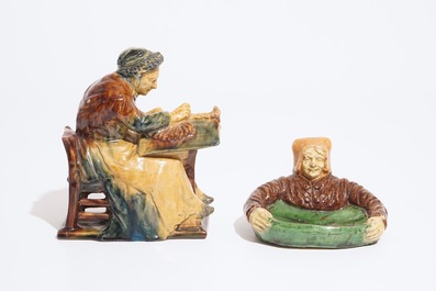 Un pichet Art Nouveau et deux figures en poterie flamande, prob. ateliers de Vandevoorde, 20&egrave;me