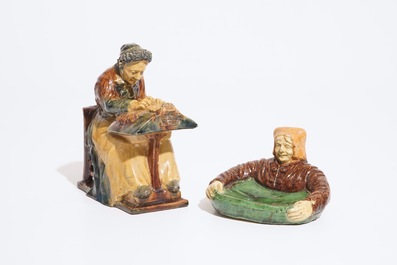 A Bruges art nouveau jug and two figures in Flemish pottery, prob. Vandevoorde workshop, 20th C.