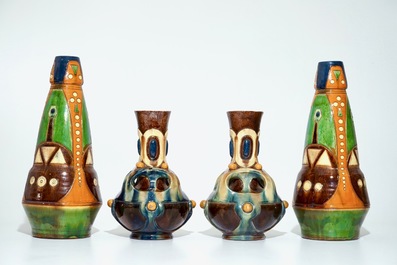 A collection of Flemish pottery Art Nouveau and Art Deco vases, 20th C.