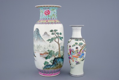 Five Chinese famille rose and blue and white vases, a teapot and a Canton rose brushpot, 19/20th
