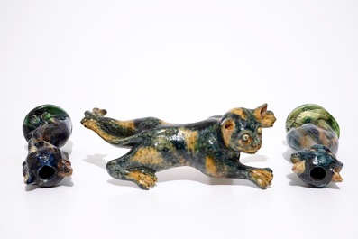 A collection of Flemish pottery figures, incl. cats, gargoyles and a Bruges bear, 20th C.