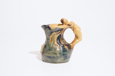 A Bruges art nouveau jug and two figures in Flemish pottery, prob. Vandevoorde workshop, 20th C.
