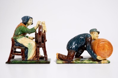 Two Flemish pottery figures of a lace maker and a barrel pusher, prob. Laigneil workshop, 20th C.