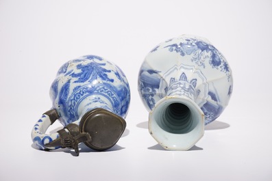 Een blauw-witte Delftse chinoiserie schotel, een vaas en een kan met tinnen deksel, 17/18e eeuw