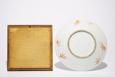 A Chinese famille rose plaque, a dish and a teapot and cover, 19th C.