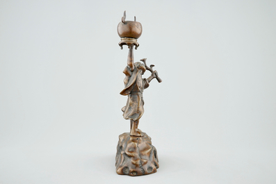 A Japanese bronze koro on foot and a figurative incense burner, Meiji/Taisho, 19/20th C.