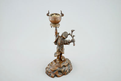 A Japanese bronze koro on foot and a figurative incense burner, Meiji/Taisho, 19/20th C.