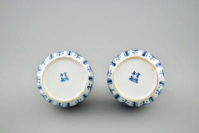 A pair of Chinese blue and white lotus scroll double gourd vases, Xuande mark, 19th C.