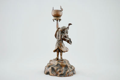 A Japanese bronze koro on foot and a figurative incense burner, Meiji/Taisho, 19/20th C.