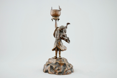 A Japanese bronze koro on foot and a figurative incense burner, Meiji/Taisho, 19/20th C.