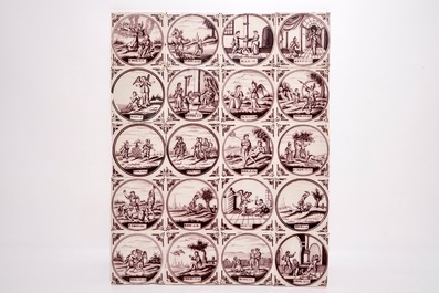 A set of 44 manganese Dutch Delft biblical tiles, prob. Utrecht, 18/19th C.