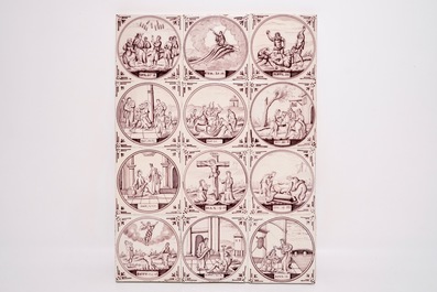 Un lot de 44 carreaux religieux en fa&iuml;ence de Delft mangan&egrave;se, prob. Utrecht, 18/19&egrave;me