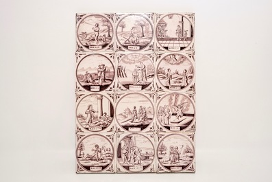 Un lot de 44 carreaux religieux en fa&iuml;ence de Delft mangan&egrave;se, prob. Utrecht, 18/19&egrave;me