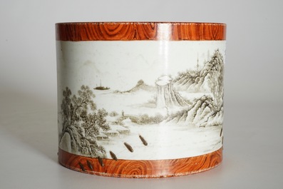 A Chinese grisaille and faux bois brush pot, Qianlong mark, 20th C.