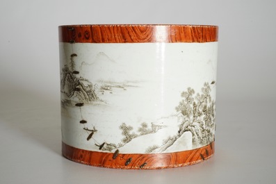 A Chinese grisaille and faux bois brush pot, Qianlong mark, 20th C.