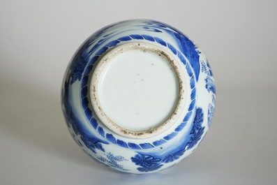 A Chinese blue and white double gourd vase with scholars, Transitional period, Chongzhen