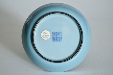 A monochrome Chinese clair-de-lune glazed saucer dish, Qianlong mark, 19/20th C.