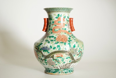 A large Chinese famille verte hu-shaped &quot;Dragon&quot; vase, 19th C.