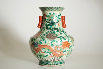 A large Chinese famille verte hu-shaped &quot;Dragon&quot; vase, 19th C.