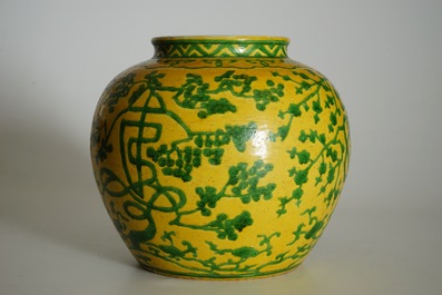 A Chinese yellow ground jar with green &quot;Three friends of winter&quot; design, marked Wanli, 19/20th C.