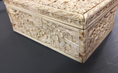 A rectangular Chinese carved ivory casket, Canton, 19th C.