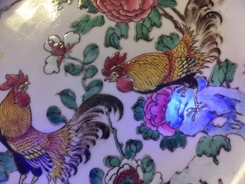 A pair of Chinese famille rose cockerel plates, Yongzheng