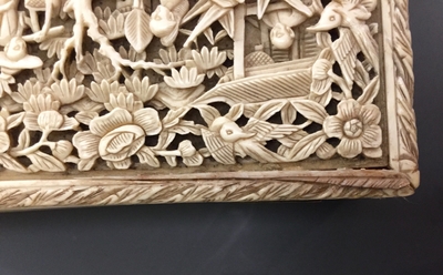 A rectangular Chinese carved ivory casket, Canton, 19th C.