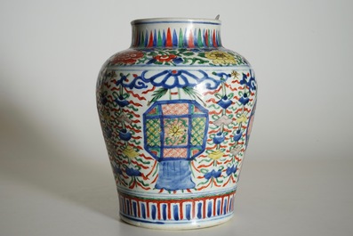 A Chinese Transitional wucai vase with buddhist emblems, Transitional period, Chongzhen/Shunzhi