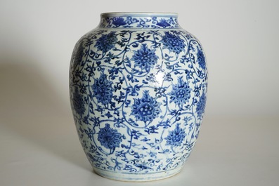 A Chinese blue and white lotus scroll vase, Ming, Wanli