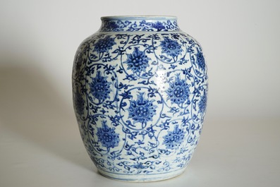 A Chinese blue and white lotus scroll vase, Ming, Wanli